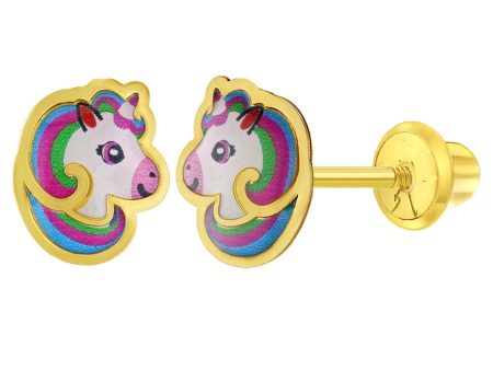 14k Rainbow Mane Unicorn Children s Screw Back Earrings For Sale