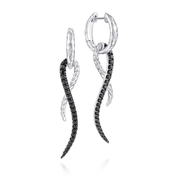 925 Sterling Silver Black Spinel Twisted Criss Cross Huggie Drop Earrings Hot on Sale