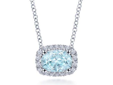 14K White Gold Oval Aquamarine and Diamond Halo Pendant Necklace Online Hot Sale