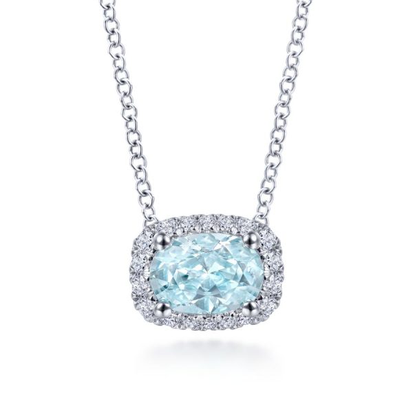 14K White Gold Oval Aquamarine and Diamond Halo Pendant Necklace Online Hot Sale