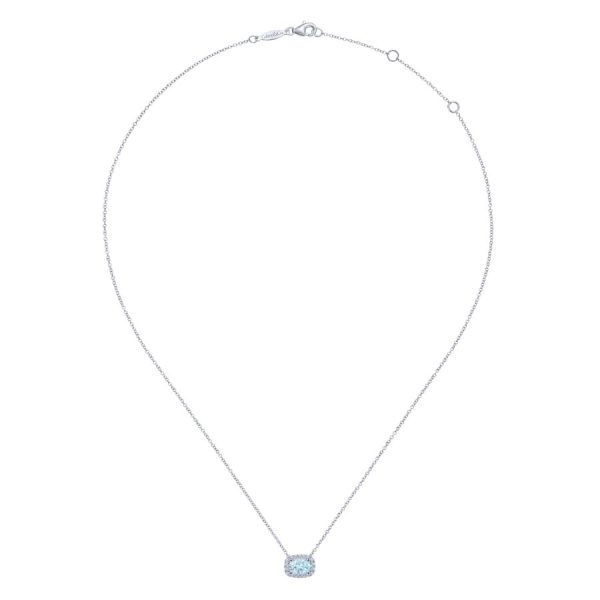 14K White Gold Oval Aquamarine and Diamond Halo Pendant Necklace Online Hot Sale