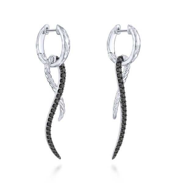 925 Sterling Silver Black Spinel Twisted Criss Cross Huggie Drop Earrings Hot on Sale