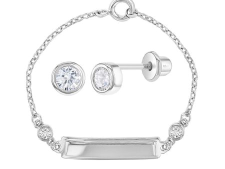 Children s CZ Earring & ID Bracelet Set in Sterling Silver For Sale