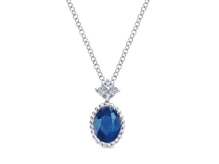 14K White Gold Beaded Oval Sapphire and Diamond Pendant Necklace Supply