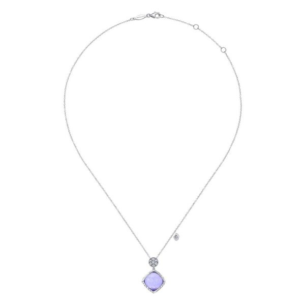 925 Sterling Silver Rock Crystal Purple Jade and White Sapphire Pendant Necklace Cheap