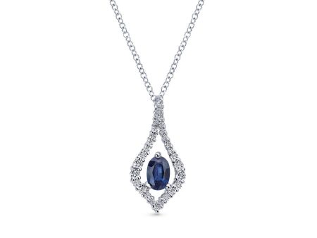 14K White Gold Floating Oval Sapphire Diamond Pendant Necklace Online Hot Sale