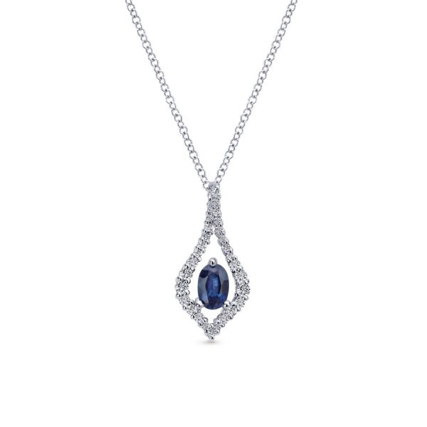 14K White Gold Floating Oval Sapphire Diamond Pendant Necklace Online Hot Sale