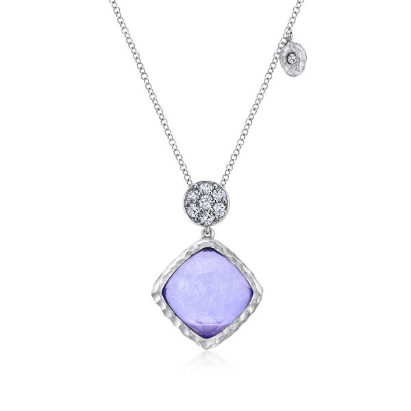 925 Sterling Silver Rock Crystal Purple Jade and White Sapphire Pendant Necklace Cheap