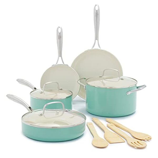 GreenLife Artisan Healthy Ceramic Nonstick, 12 Piece Cookware Pots and Pans Set, Stainless Steel Handle, PFAS-Free, Dishwasher Safe, Oven Safe, Turquoise Online Hot Sale