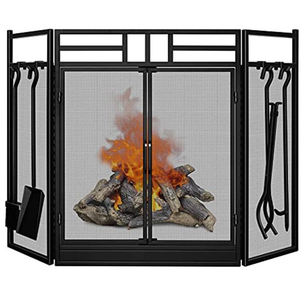 AMAGABELI GARDEN & HOME Fireplace Screen with Doors Large Flat Guard Fire Screens with Tools Outdoor Metal Decorative Mesh Solid Wrought Iron Fire Place Panels Wood Burning Stove Accessories Black Discount