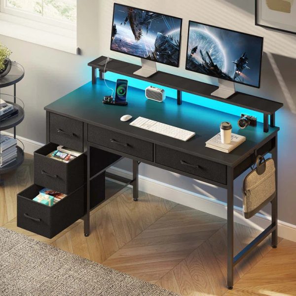 Computer Desk with Drawers and Monitor Shelf, Gaming Desk with RGB LED Lights & USB Ports For Discount