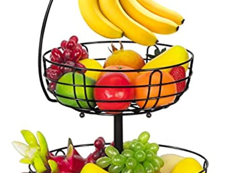 Bextcok 2 Tier Fruit Basket, Vegetables Fruit Bowl Storage with Banana Holder Hanger Hook Stand Organizer for Kitchen Countertop Counter, Black For Cheap