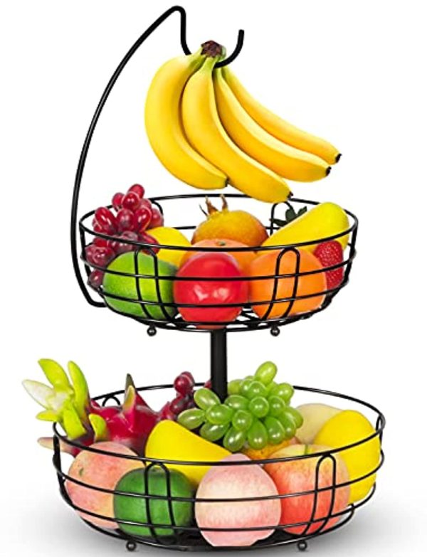 Bextcok 2 Tier Fruit Basket, Vegetables Fruit Bowl Storage with Banana Holder Hanger Hook Stand Organizer for Kitchen Countertop Counter, Black For Cheap