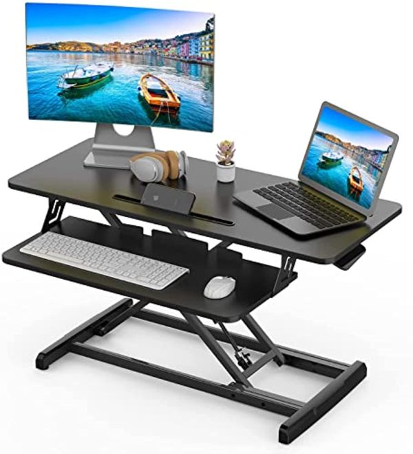 SMUG Standing Desk Converter Adjustable Height Desk Riser, Sit Stand Desk Dual Monitor and Laptop Workstation, Ergonomic Desk Tabletop Computer Workstation, Home Office Desk with Keyboard Tray Online Hot Sale