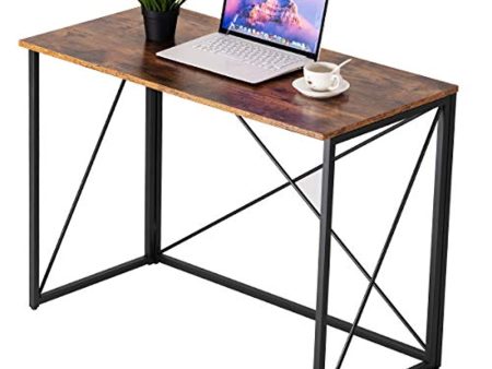 BAOLEJIA Folding Table Computer Desk, 39.4  Heavy Duty Folding Desk, BAOLEJIA No-Assembly Foldable Desk Brown Home Office Writing Table Fold Simple Industry Style Workstation for Small Space Saving Supply