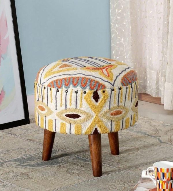 Siamika Mango Wood Foot Stool In Cotton emerald Yellow Colour For Discount