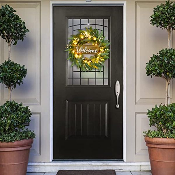 Fulldepot Front Door Wreath, 25.19 inches Artificial Eucalyptus Wreath, Front Porch Decor with Light and Welcome Sign, Farmhouse Decor for Festival, Wall, Window, Party and Front Door Online Sale