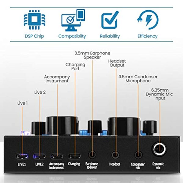 DX LOVER Pyle Bluetooth Mini Audio Interface Podcast Mixer Sound Card - Live Streaming for PC Computer iPhone Broadcasting | Voice Changer V8 with 12 Sound Effects,3 Inputs, Mic Input (PKSCRD208) Online Sale