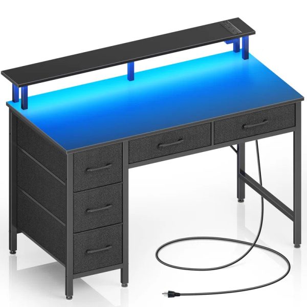 Computer Desk with Drawers and Monitor Shelf, Gaming Desk with RGB LED Lights & USB Ports For Discount