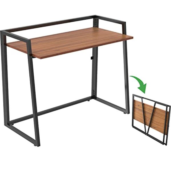 DEWVIE 41 Inch Small Walnut & Black Folding Computer Desk, Sturdy Heavy Duty Foldable Table for Small Spaces Home Office Bedroom Outdoor Work Study Writing Collapsible Portable with Metal Legs, EPA Certified Sale