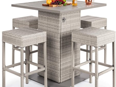 BARAYSTUS 5-Piece Outdoor Wicker Bar Table Set for Patio, Poolside, Backyard w Built-in Bottle Opener, Hidden Storage Shelf, Metal Tabletop, 4 Stools - Gray Cheap