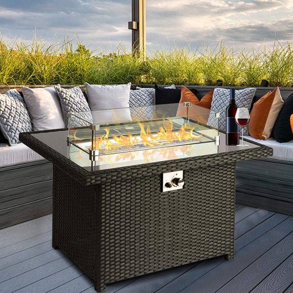 Aoxun Outdoor Fire Pit Table, 44in CSA Propane Fire Table Rectangular-50,000 BTU Auto Ignition Gas Fire Pit for Outside Patio Deck, with Wind Guard & Oxford Cover, Brown Wicker Hot on Sale