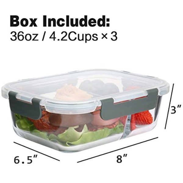 Aiduy [5-Pack,36 Oz]Glass Meal Prep Containers 2 Compartments Portion Control with Upgraded Snap Locking Lids Glass Food Storage Containers, Microwave, Oven, Freezer and Dishwasher (4.5 Cups) For Cheap