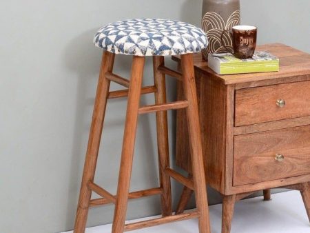 Enrico Mango Wood Bar Stool In Velvet Blue Colour For Sale