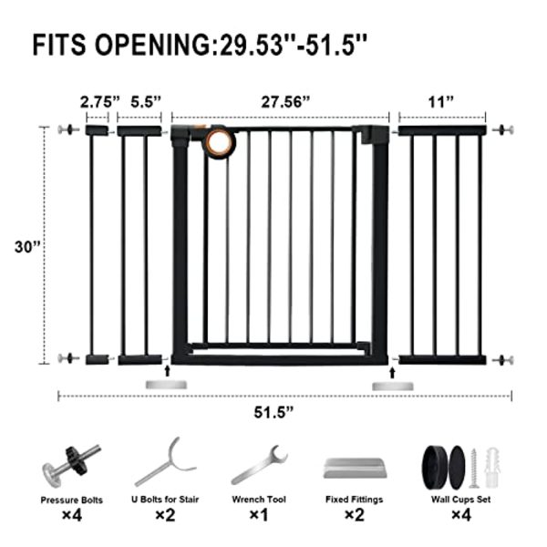 ALVOD Wide Baby Gate,  Auto Close Dog Gate 29.53’’-51.5’’ Wide 30’’ High, Easy Walk Thru Safety Child Gate Pet Gate for Doorways, Stairs, Includes 2.75  5.5  11  Extension, Pressure Hardware Mounting Fashion