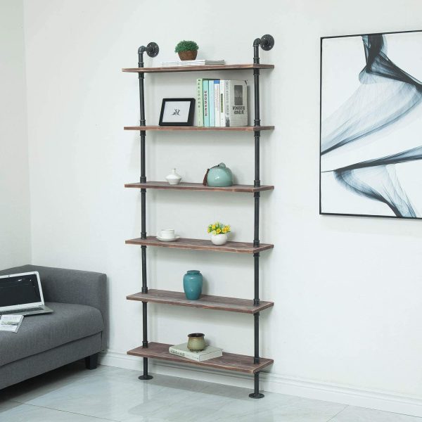 FODUE Industrial Pipe Shelving Bookshelf Rustic Modern Wood Ladder Storage Shelf 3 Tiers Retro Wall Mount Pipe Design DIY Shelving Online Hot Sale