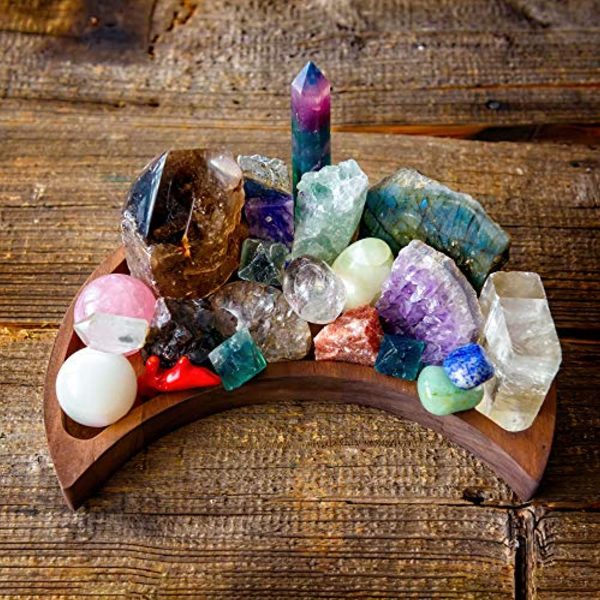 CRYSTAL DECOR Moon Tray Crystal Holder for Stones - Display Your Crystals & Healing Stones - 10 x 5 Inches Crescent Moon Tray for Crystals - Bowl for Crystals Stones - Crystal Tray Wooden Box Crystal Shelf Display Online Sale