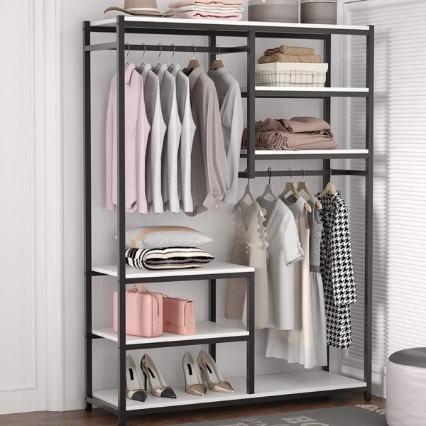 FODUE Free-standing Closet Organzier, Double Hanging Rod Clothes Garment Racks with Storage Shelvels, Heavy Duty Metal Closet Storage Clothing Shelving for Bedroom, Capacity 300 lbs (white&white) Online