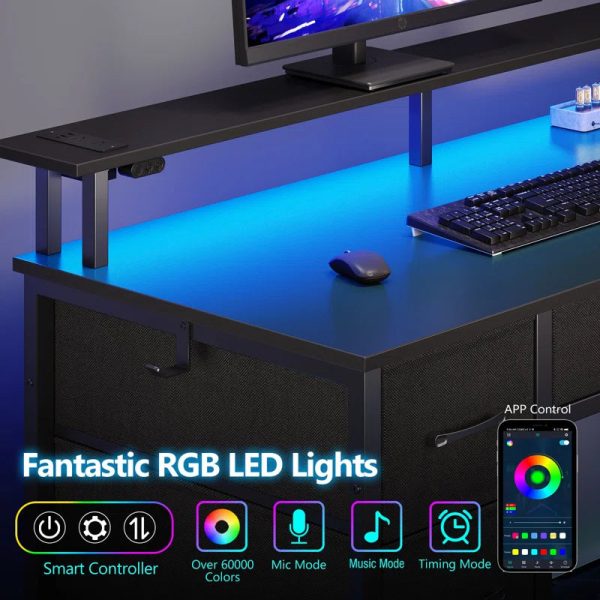 Computer Desk with Drawers and Monitor Shelf, Gaming Desk with RGB LED Lights & USB Ports For Discount