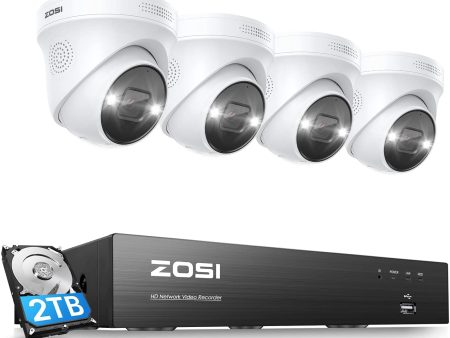 ZOSI 8CH 4K Spotlight PoE Security Camera System,4pcs 4K Wired Indoor Outdoor PoE IP Cameras with Two-Way Audio and Siren,Color Night Vision,AI Human Detection,8CH 8MP NVR with 2TB HDD for 24-7 Record Supply