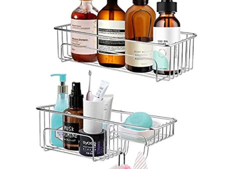 Woochy Bathroom Shower Caddy, 2 Pack Rustproof Shower Shelf with Soap Dish and Hooks, No Drilling Wall Mounted Stainless Steel Shower Rack Organizer for Bathroom, Kitchen, Silver Discount