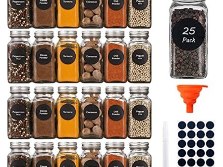 YULEER  25 Pack Spice Jars,  4oz Glass Jars with Lids - Empty Square Spice Organizer with Shaker Lids & Airtight Metal Caps, Silicone Collapsible Funnel, Blanket Labels, Chalkboard Pen Discount