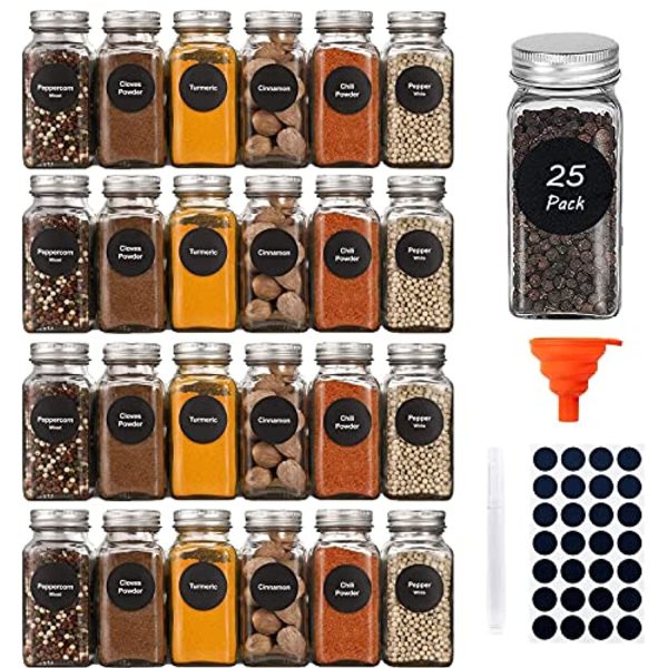 YULEER  25 Pack Spice Jars,  4oz Glass Jars with Lids - Empty Square Spice Organizer with Shaker Lids & Airtight Metal Caps, Silicone Collapsible Funnel, Blanket Labels, Chalkboard Pen Discount