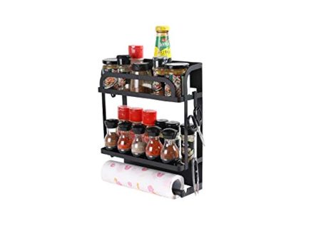 YCOCO Magnetic Spice Rack Organizer 2 Tier Refrigerator Storage Shelf with Paper Towel Holder and Removable Hooks,Magnetic Paper Towel Holder Rack,Black Discount