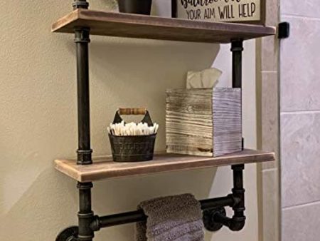 Industrial Pipe Bathroom Shelves Wall Mounted 2-Shelf,Rustic Pipe Shelving Wood Shelf with Towel Bar,Pipe Floating Shelves Towel Holder Fashion