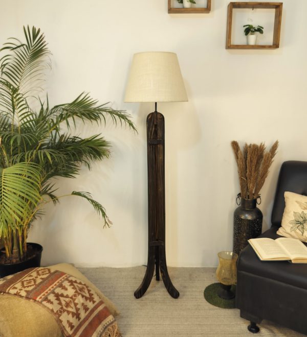 Damien Wooden Floor Lamp with Brown Base and Jute Fabric Lampshade (BULB NOT INCLUDED) Discount