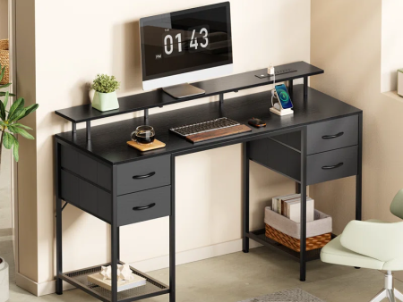 Desk with LED Lights, Computer Desk with Storage, Corner Desk with Drawers, Home Office Desk with Shelves, Writing Desk with 4 File Drawers, Gaming Desk with Power Outlets, Study Desk Online Hot Sale