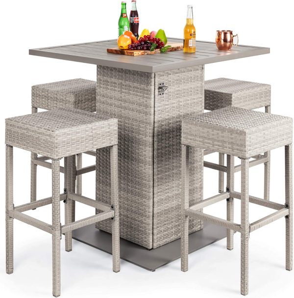 BARAYSTUS 5-Piece Outdoor Wicker Bar Table Set for Patio, Poolside, Backyard w Built-in Bottle Opener, Hidden Storage Shelf, Metal Tabletop, 4 Stools - Gray Cheap