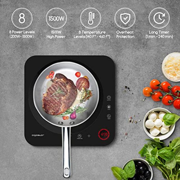 Aigostar Portable Induction Cooktop, Induction Burner with 8 Level Temp Setting Between 140°F-460°F, Timer, Electric Countertop Burner with LCD Touch Screen Sensor, Child Safety Lock, Auto-Shut-Off Supply