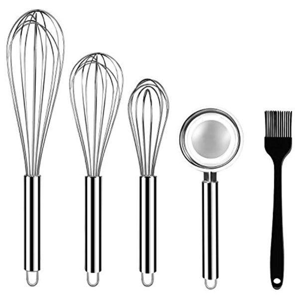 HEROPIE Stainless Steel Whisks, 3 Pack Kitchen Whisks with Stainless Steel Egg Separator and Silicone Cooking Brush, 8  10  12  Balloon Wire Whisk for Blending, Whisking, Beating, Stirring, Set of 5 Sale