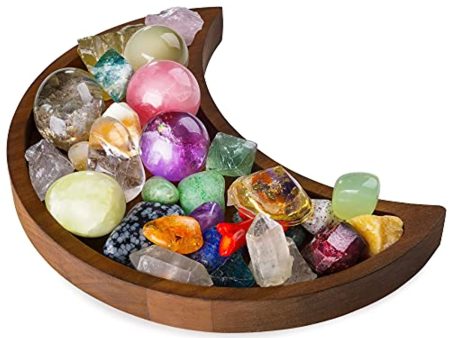 CRYSTAL DECOR Moon Tray Crystal Holder for Stones - Display Your Crystals & Healing Stones - 10 x 5 Inches Crescent Moon Tray for Crystals - Bowl for Crystals Stones - Crystal Tray Wooden Box Crystal Shelf Display Online Sale