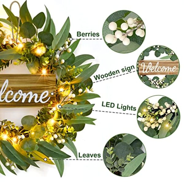 Fulldepot Front Door Wreath, 25.19 inches Artificial Eucalyptus Wreath, Front Porch Decor with Light and Welcome Sign, Farmhouse Decor for Festival, Wall, Window, Party and Front Door Online Sale