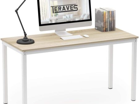 DEWVIE Teraves Computer Desk Dining Table Office Desk Sturdy Writing Workstation for Home Office(55.11“, Beige + White Frame) Sale