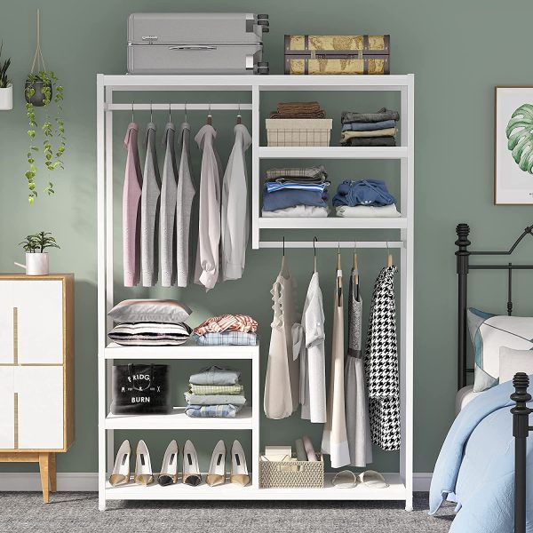 FODUE Free-standing Closet Organzier, Double Hanging Rod Clothes Garment Racks with Storage Shelvels, Heavy Duty Metal Closet Storage Clothing Shelving for Bedroom, Capacity 300 lbs (white&white) Online