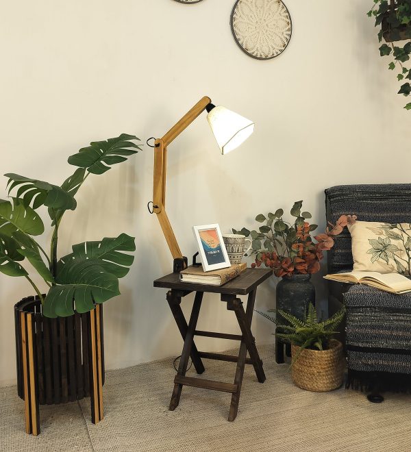 Regis Wooden Floor Lamp with Brown Base and Jute Fabric Lampshade (BULB NOT INCLUDED) Online