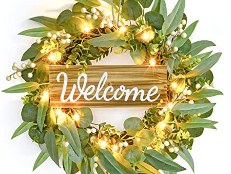 Fulldepot Front Door Wreath, 25.19 inches Artificial Eucalyptus Wreath, Front Porch Decor with Light and Welcome Sign, Farmhouse Decor for Festival, Wall, Window, Party and Front Door Online Sale